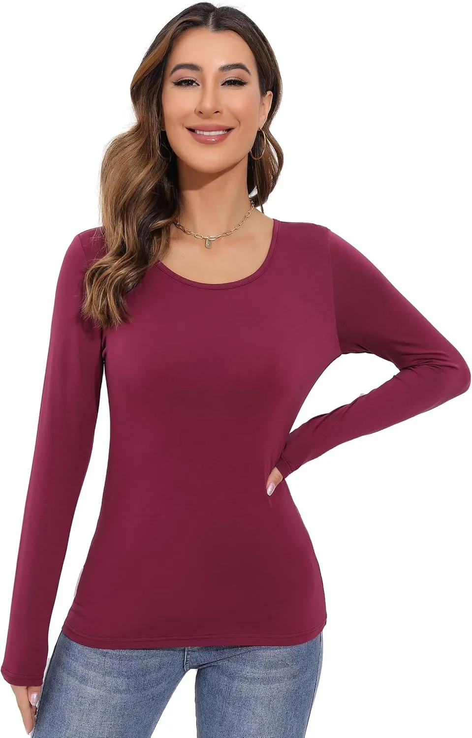 Women's Long Sleeve T-Shirt Scoop Neck Rayon Slim Fit Stretchy Layer T Shirts Tops