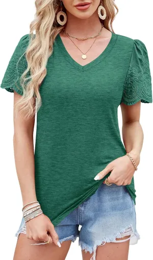 XIEERDUO Lace Puff Sleeve Tops for Women 2024 V Neck Shirts Womens Shirts Dressy Casual Loose Tops Summer Tee Shirt