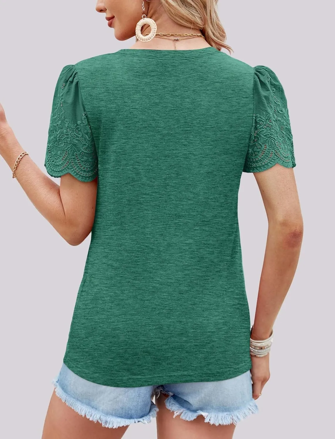 XIEERDUO Lace Puff Sleeve Tops for Women 2024 V Neck Shirts Womens Shirts Dressy Casual Loose Tops Summer Tee Shirt