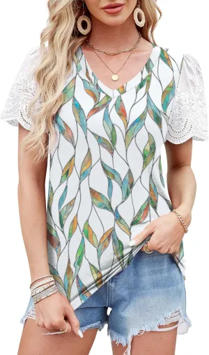 XIEERDUO Lace Puff Sleeve Tops for Women 2024 V Neck Shirts Womens Shirts Dressy Casual Loose Tops Summer Tee Shirt