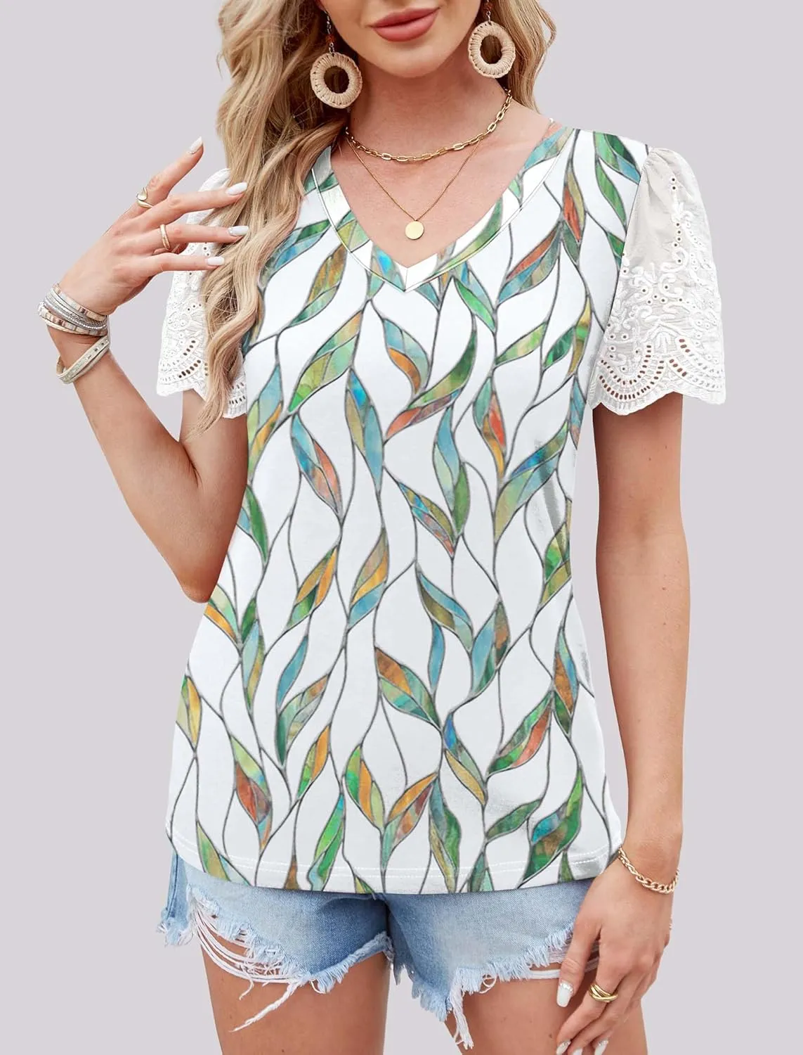 XIEERDUO Lace Puff Sleeve Tops for Women 2024 V Neck Shirts Womens Shirts Dressy Casual Loose Tops Summer Tee Shirt