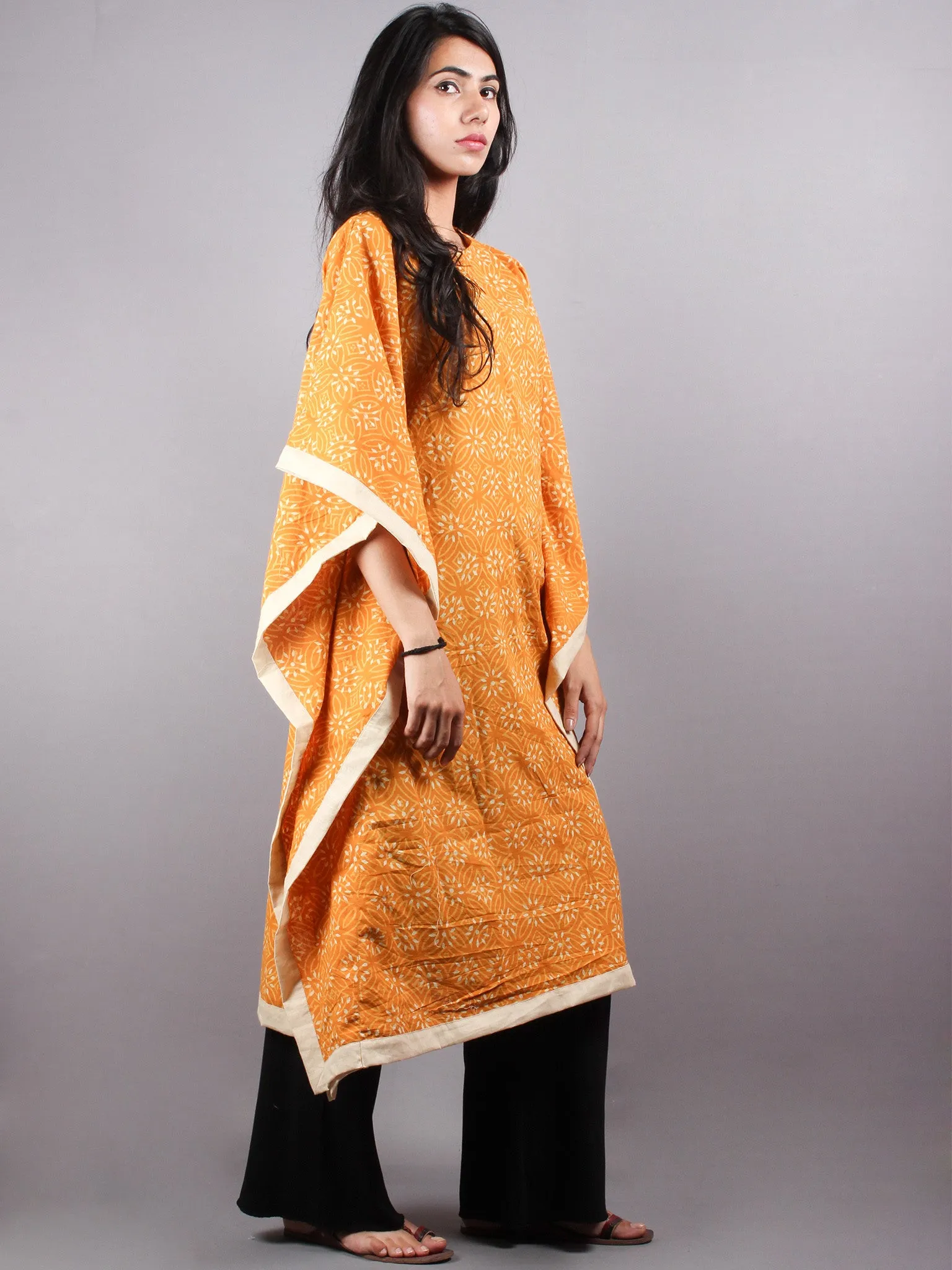Yellow Hand Block Printed Kaftan With Beige Border - K1163F10