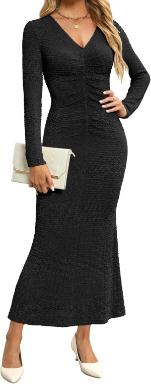 Zattcas Womens 2025 Fall Winter Bodycon Maxi Dress Casual Long Sleeve Ruched V Neck Texture Knit A-Line Long Dresses