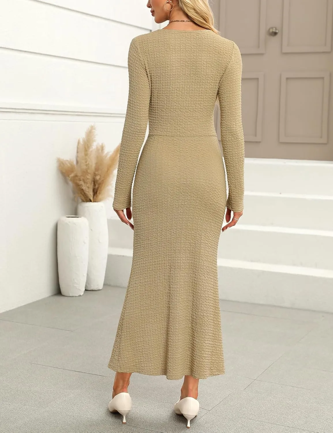 Zattcas Womens 2025 Fall Winter Bodycon Maxi Dress Casual Long Sleeve Ruched V Neck Texture Knit A-Line Long Dresses