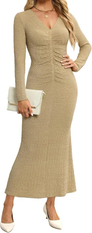 Zattcas Womens 2025 Fall Winter Bodycon Maxi Dress Casual Long Sleeve Ruched V Neck Texture Knit A-Line Long Dresses