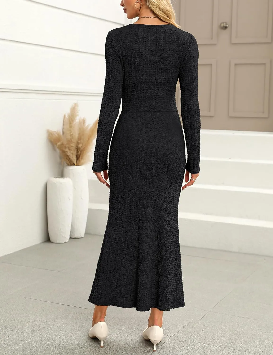 Zattcas Womens 2025 Fall Winter Bodycon Maxi Dress Casual Long Sleeve Ruched V Neck Texture Knit A-Line Long Dresses