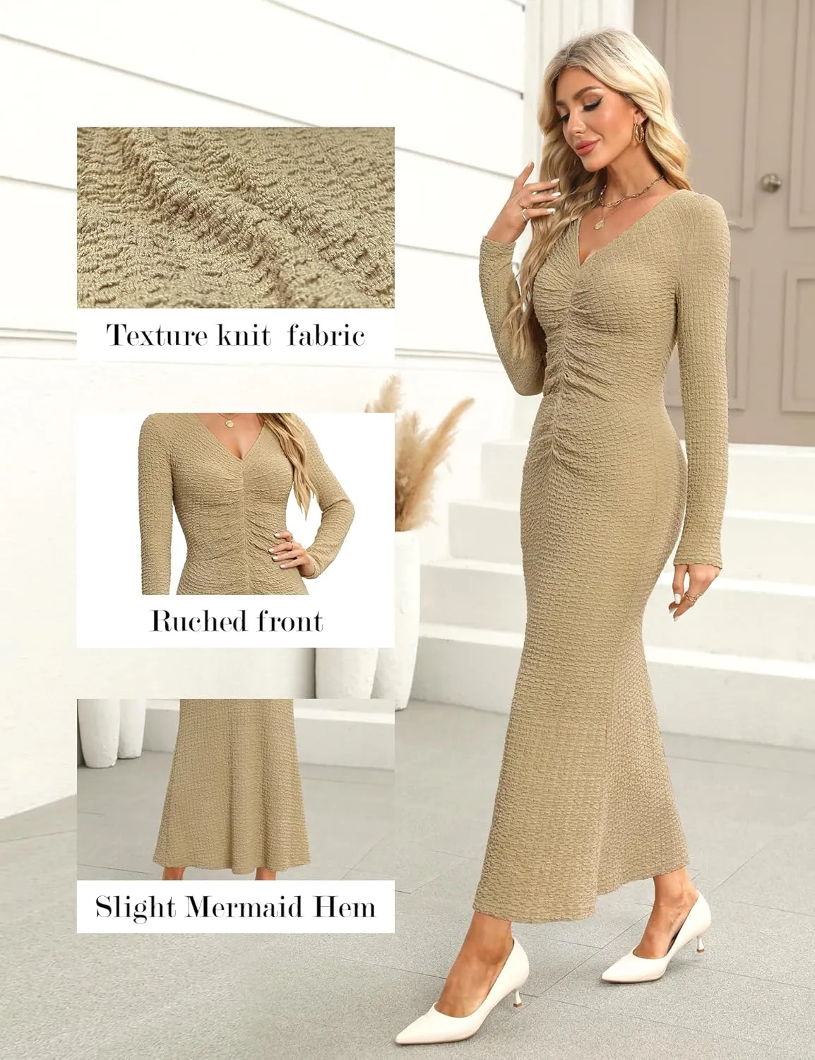 Zattcas Womens 2025 Fall Winter Bodycon Maxi Dress Casual Long Sleeve Ruched V Neck Texture Knit A-Line Long Dresses