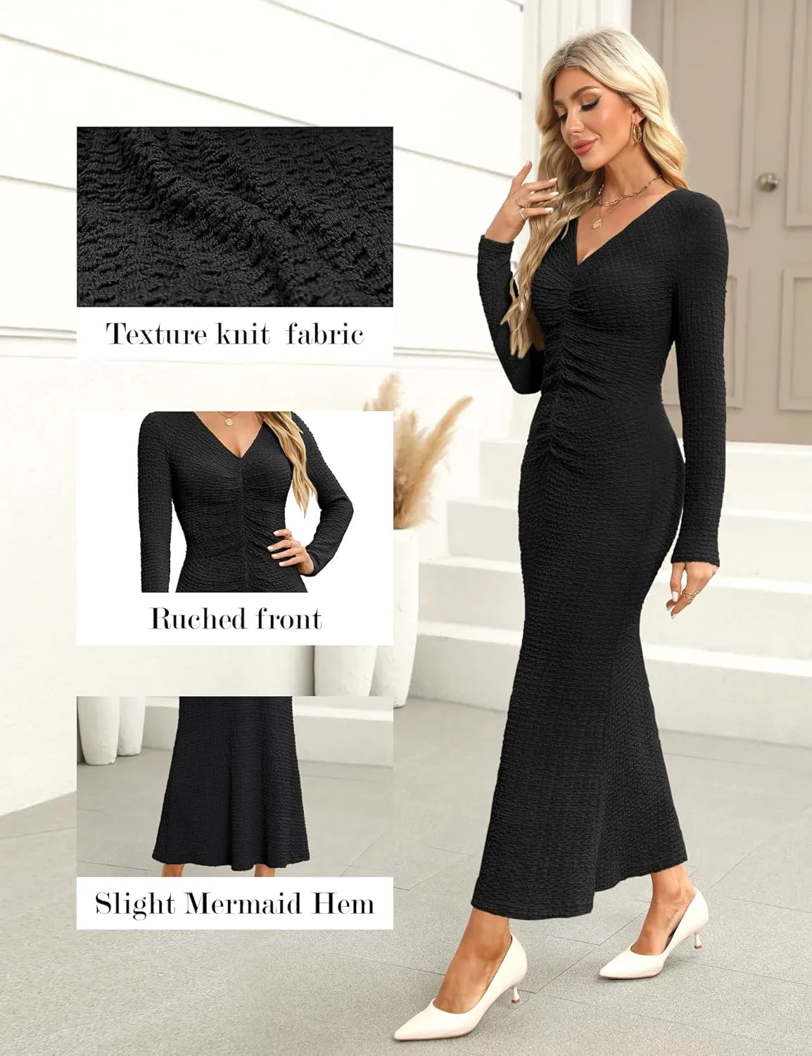 Zattcas Womens 2025 Fall Winter Bodycon Maxi Dress Casual Long Sleeve Ruched V Neck Texture Knit A-Line Long Dresses