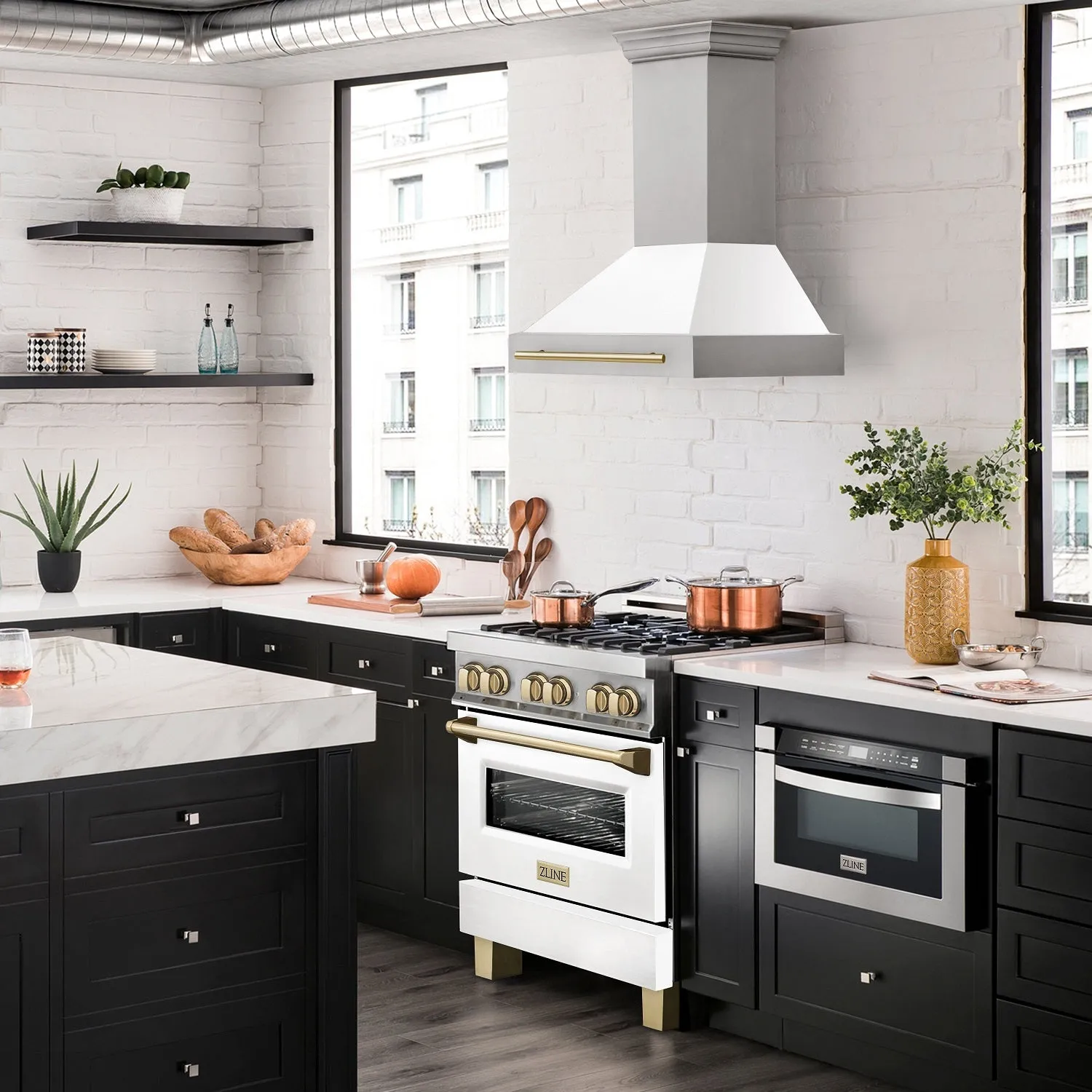 ZLINE 30" Autograph Edition DuraSnow® Stainless Steel Range Hood with White Matte Shell and Champagne Bronze Handle (8654SNZ-WM30-CB)