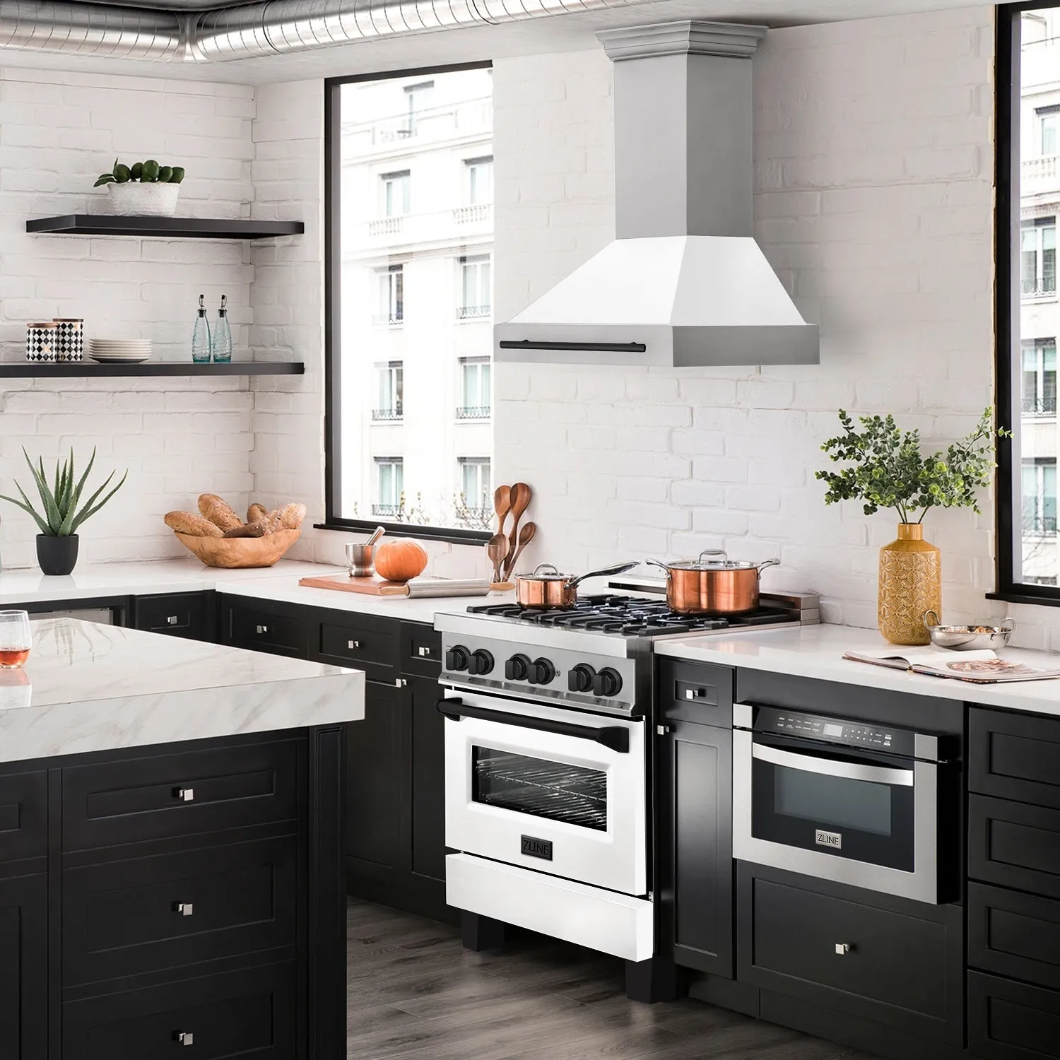 ZLINE 36" Autograph Edition DuraSnow® Stainless Steel Range Hood with White Matte Shell and Matte Black Handle (8654SNZ-WM36-MB)